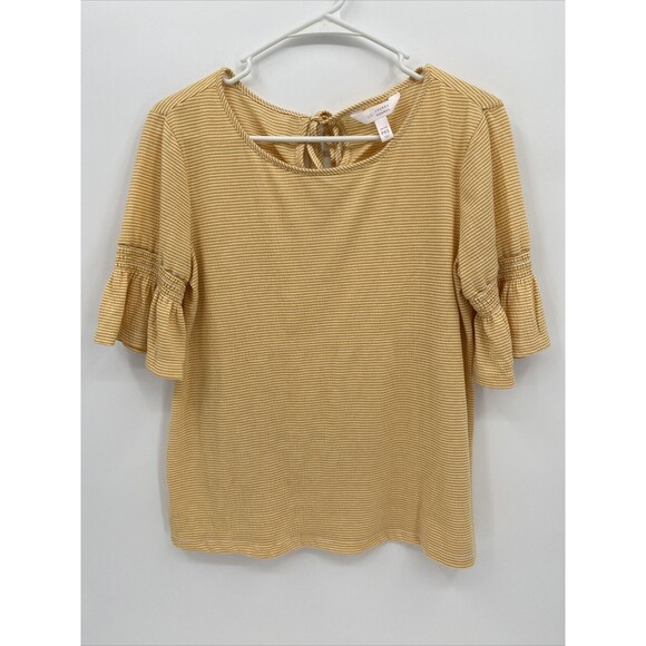 LC Lauren Conrad Women's Striped Round Neck Ruffle Sleeve Stretch Blouse Top PXS - Picture 1 of 7